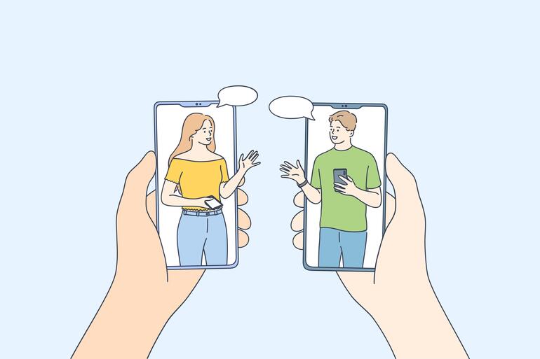 Illustrasjon av to personer, plassert inne i hver sin mobiletelefon, som kommuniserer