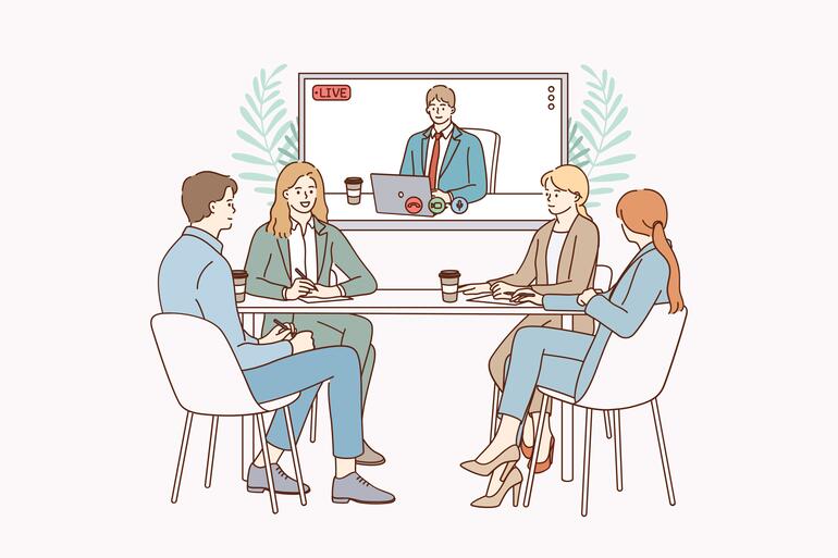 Illustrasjon av fire personer rundt et bord og en person på en TV-skjerm