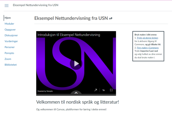 skjermbilde fra Canvas, emne med avspiller med USN-logo, svart boks til høyre med informasjon om å bruke malen i eget emne